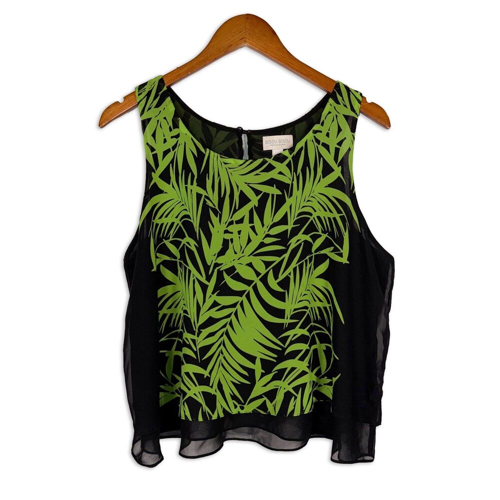Bisou Bisou Sheer Layered Tank Top Large Green Black Tropical Cropped Y2K